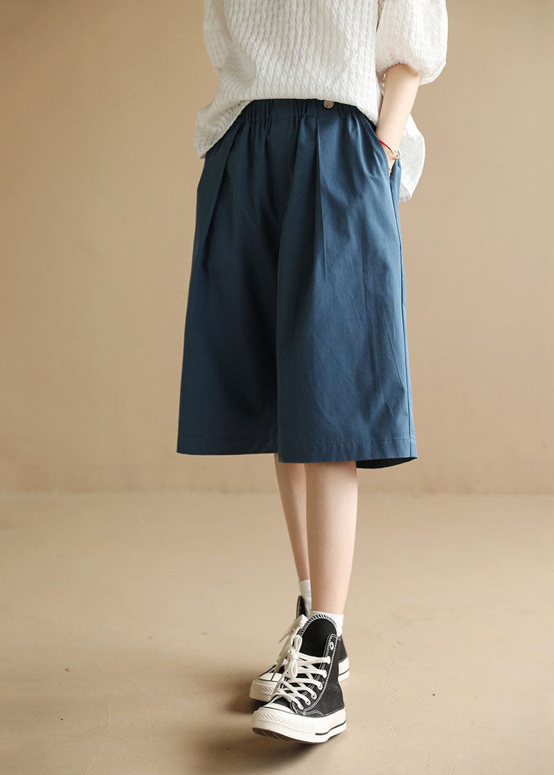 Blue Elastic Waist Pockets Cotton Shorts Summer