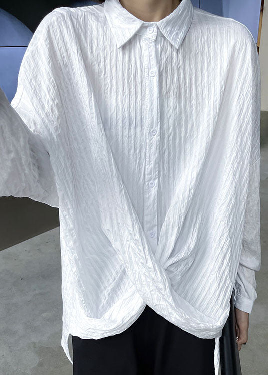 White Peterpan Collar Button Asymmetrical Design Fall Long Sleeve Blouse Tops