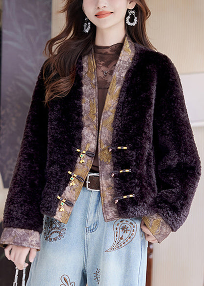 New Chocolate V Neck Chinese Button Patchwork Teddy Faux Fur Coat Winter