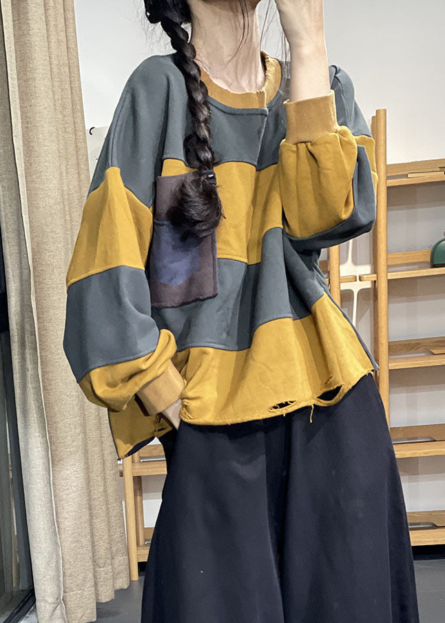 Coffee O-neck Striped Hole Fall Pullover Sweatshirt