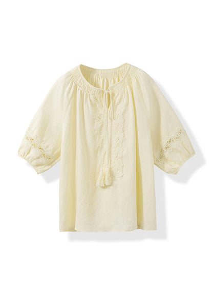 Yellow O Neck Patchwork Cotton Shirt Top Summer