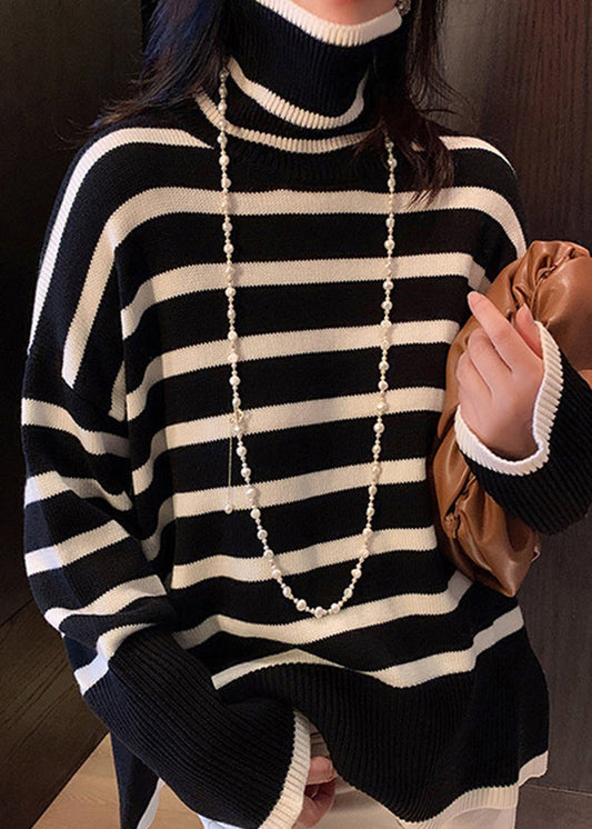 Black Hign Neck Striped Versatile Knitted Sweaters Winter