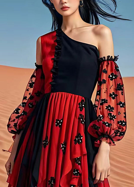 Red Cold Shoulder Print Patchwork Chiffon Maxi Dress Summer