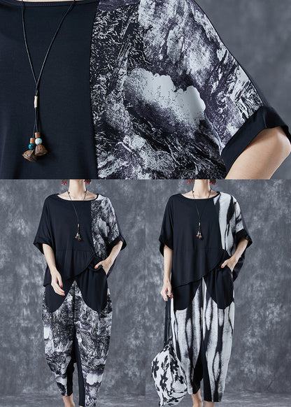 Black Patchwork Cotton Sets 2 Pieces Asymmetrical Summer