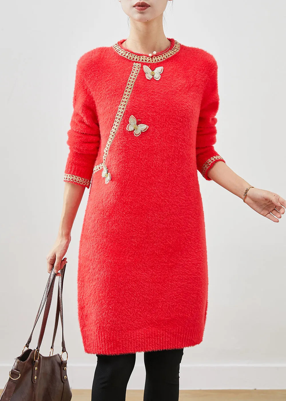 Red Butterfly Knit Sweater Dress Winter