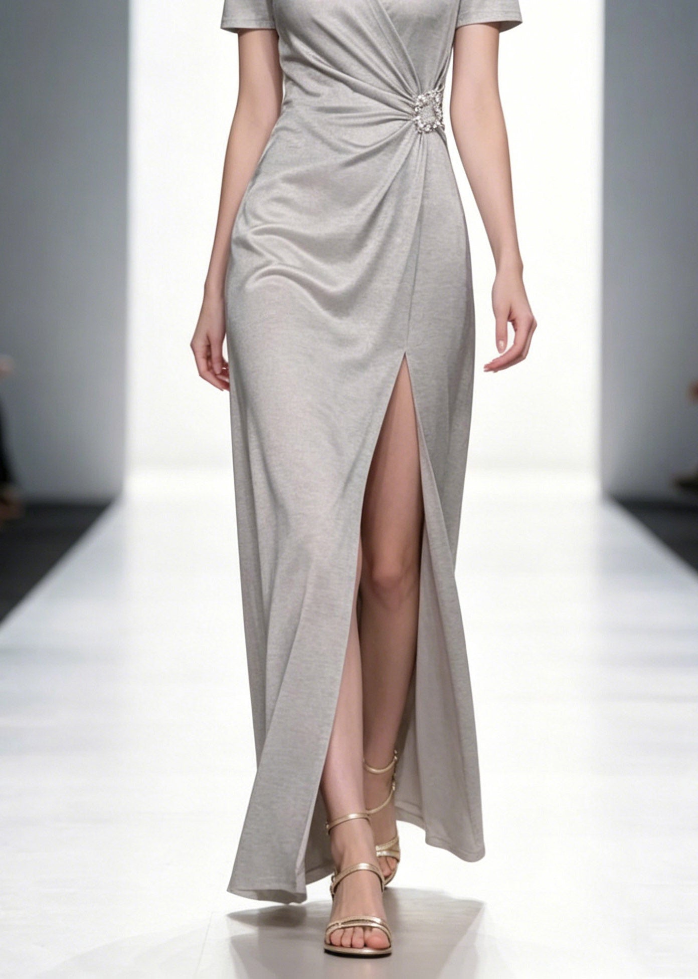 Natural Grey V Neck Wrinkled Long Dresses Summer