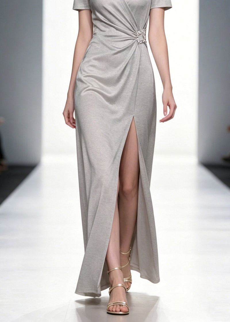 Natural Grey V Neck Wrinkled Long Dresses Summer
