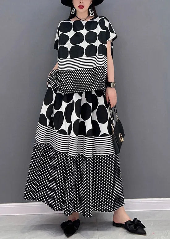 Loose Grey O-neck Dot Print Chiffon Tops and Skirts Two Pieces Set Short Sleeve