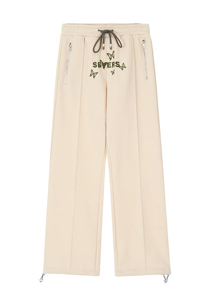 Apricot Butterfly Embroideried Warm Fleece Wide Leg Pants Spring