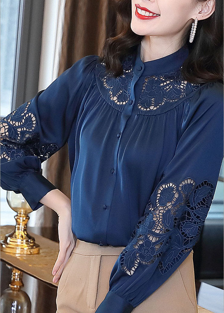 Classy Blue Stand Collar Button Hollow Out Embroideried Silk Blouses Spring