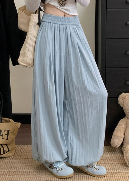 Blue Pockets Elastic Waist Cotton Pants Fall