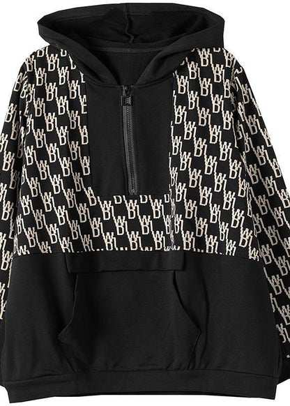 Black Print Tunics for Hooded Pockets Spring Tops