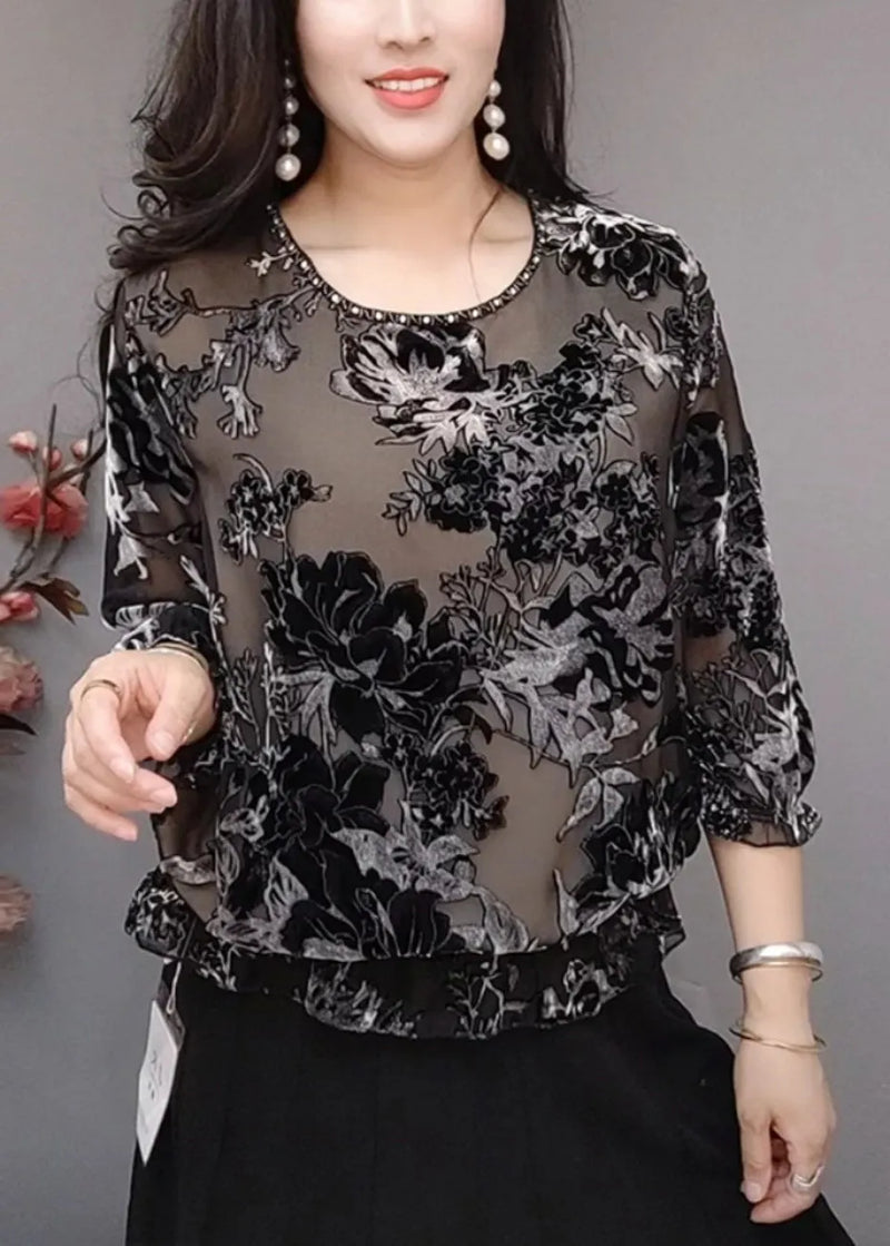 Black O Neck Loose Silk Velour T Shirts Bracelet Sleeve