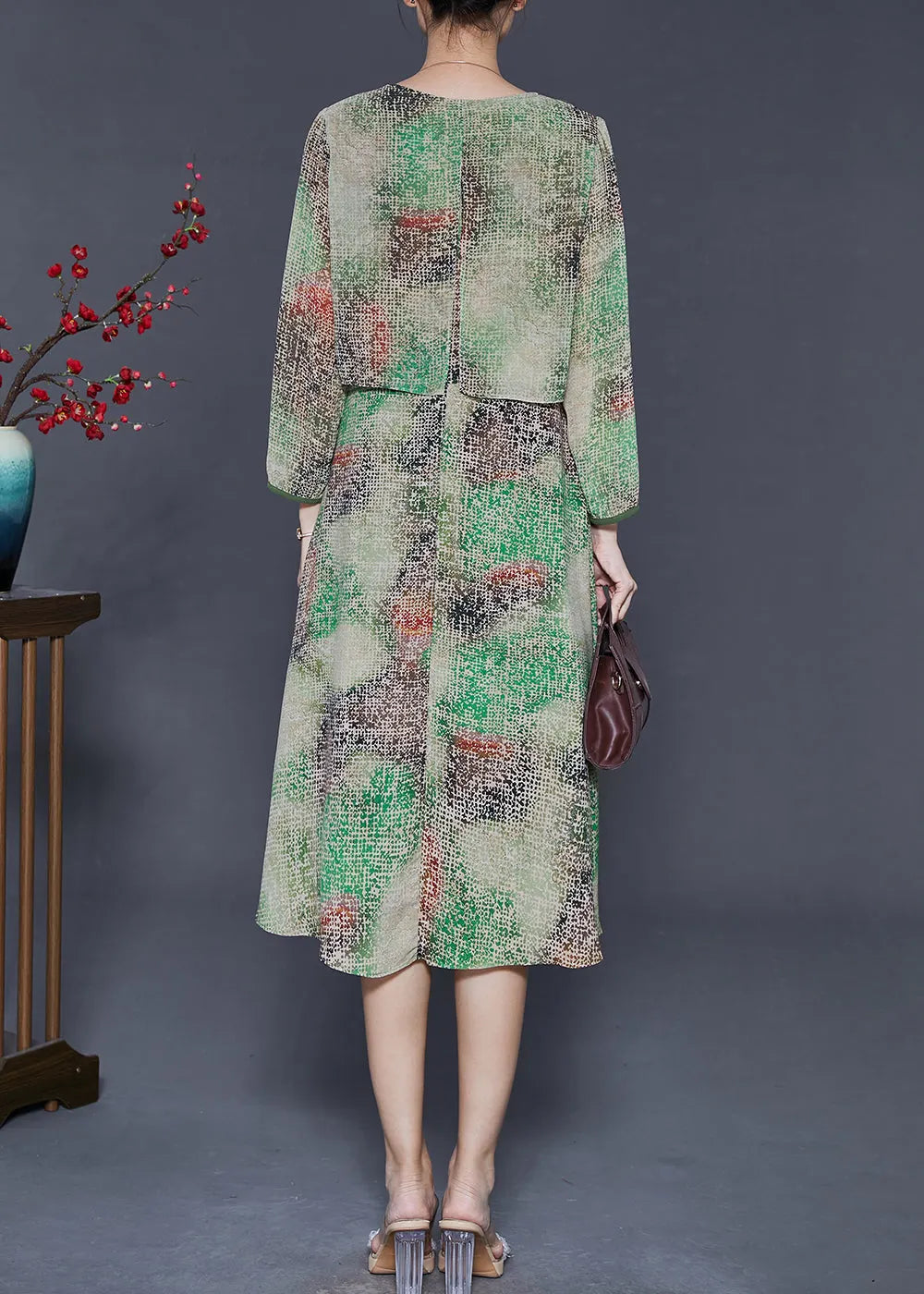 Green Tie Dye Chinese Button Chiffon Fake Two Piece Dress Spring