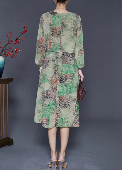 Green Tie Dye Chinese Button Chiffon Fake Two Piece Dress Spring