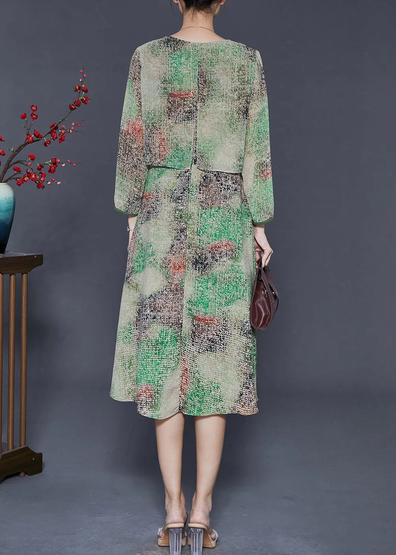 Green Tie Dye Chinese Button Chiffon Fake Two Piece Dress Spring