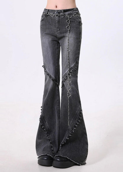 Silm Fit Blue Tasseled Patchwork Denim Bell-bottom Trousers Spring
