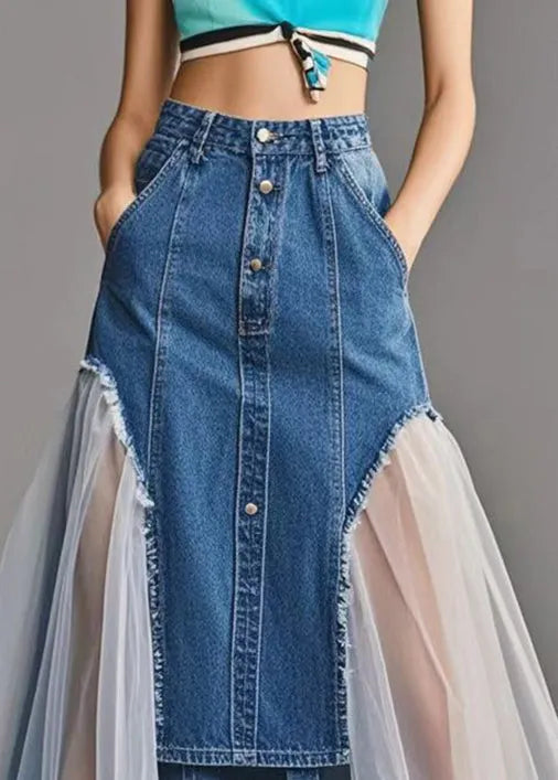 Art Blue Silm Fit Patchwork Tulle Denim a Line Skirt Spring