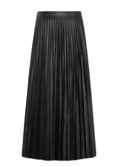 Black High Waist Faux Leather Pleated Skirts Spring
