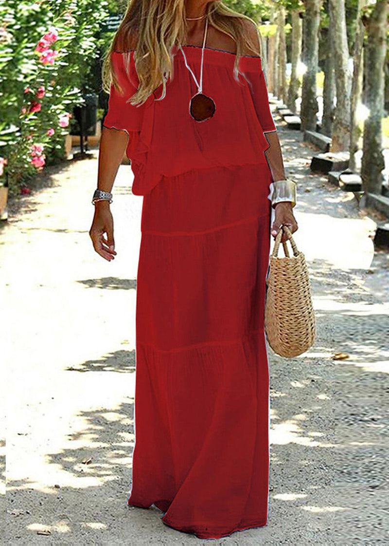 Loose White Elastic Waist Cotton Maxi Dresses Slash Neck Summer