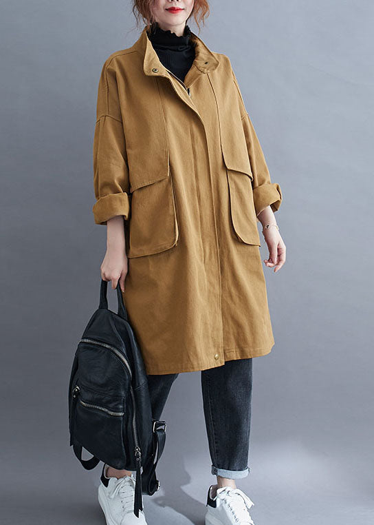 Khaki Zip Up Pockets Cotton Spring Coat