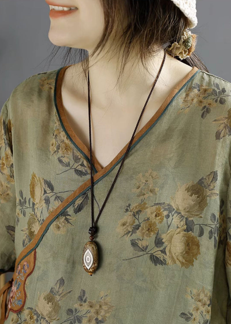 Green Embroideried Print Lace Up Linen Shirts Summer