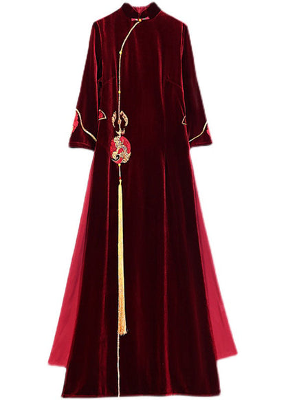 Mulberry Embroideried Side Open Velour Dresses Vestidos Bracelet Sleeve