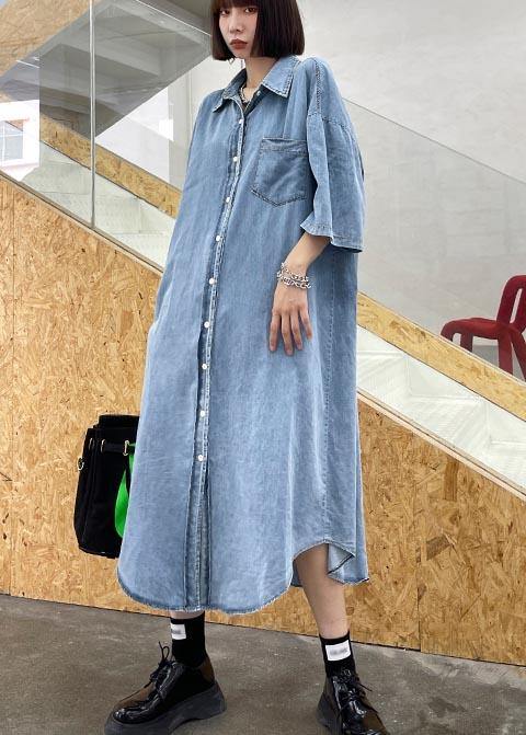 Diy Blue Hollow Out Cotton Pockets Button Summer Maxi Dresses