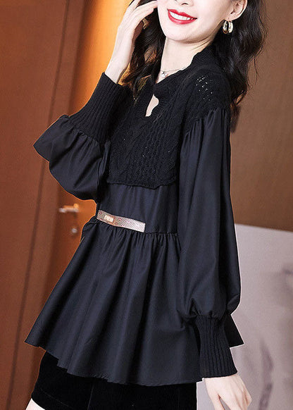 Black V Neck Knit Patchwork Chiffon Shirt Top Long Sleeve