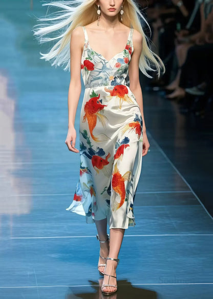 Koi Fish Print Draping Silk Cami Dresses Summer