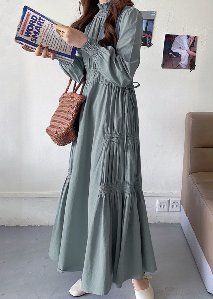 Diy Light Blue Stand Collar Wrinkled Patchwork Cotton Dresses Spring