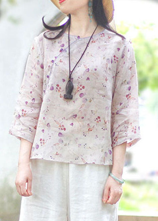 Light Purple O-neck Button Print Linen Blouse Top Spring