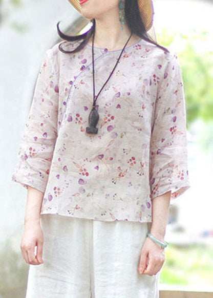 Light Purple O-neck Button Print Linen Blouse Top Spring