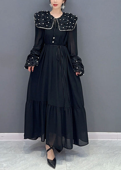 Black Peter Pan Collar Nail Bead Patchwork Long Cotton Dress Spring