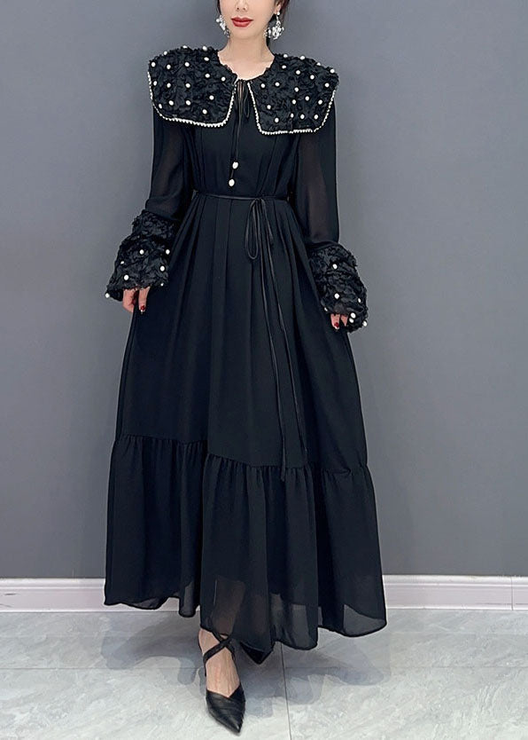 Black Peter Pan Collar Nail Bead Patchwork Long Cotton Dress Spring
