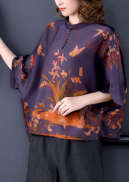 Purple Stand Collar Print Silk Shirts and Pants 2 Piece Outfit Half Sleeve