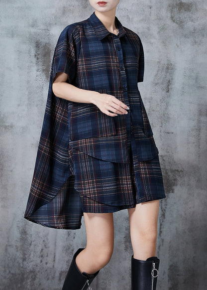 Navy Oversized Plaid Chiffon Two Pieces Set Summer
