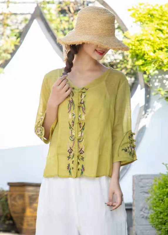 Ginger Loose Linen Tops V Neck Three Quarter Sleeve