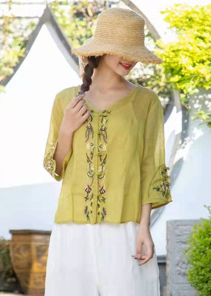Ginger Loose Linen Tops V Neck Three Quarter Sleeve