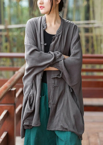 Grey Pockets Linen Coats Stand Collar Fall