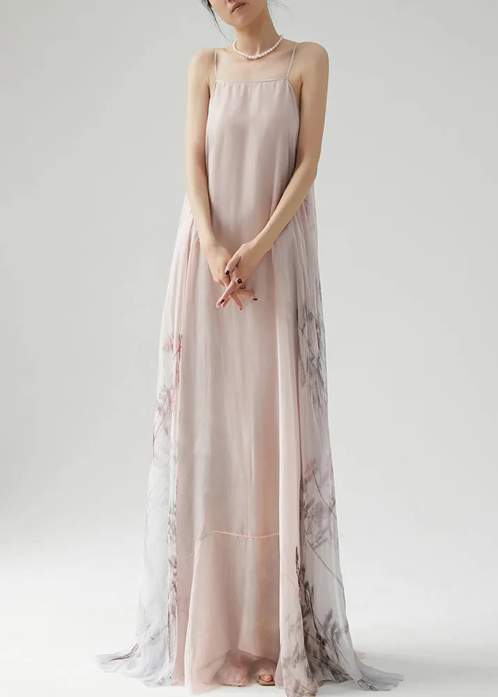 Pink Wrinkled Print Silk Spaghetti Strap Dress Sleeveless