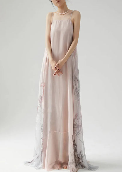 Pink Wrinkled Print Silk Spaghetti Strap Dress Sleeveless