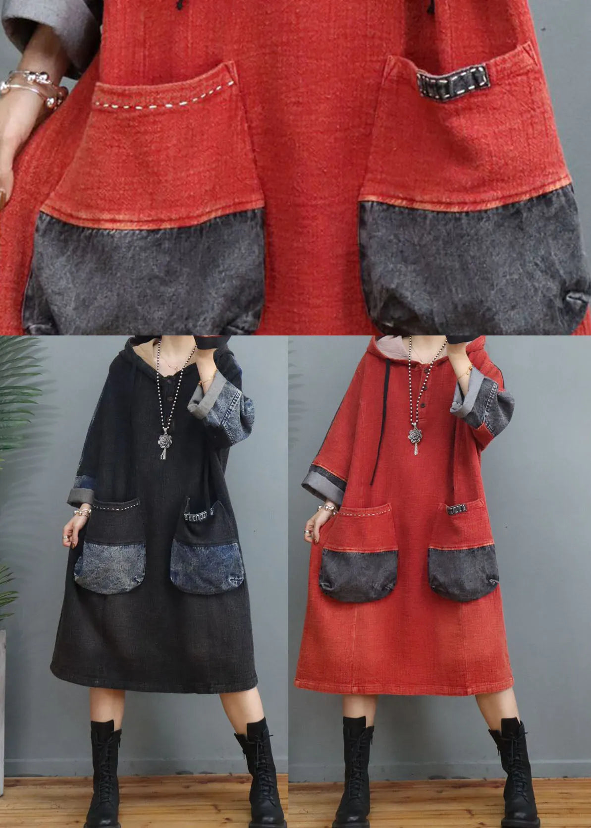 Orange Red Drawstring Button Patchwork Dress Spring