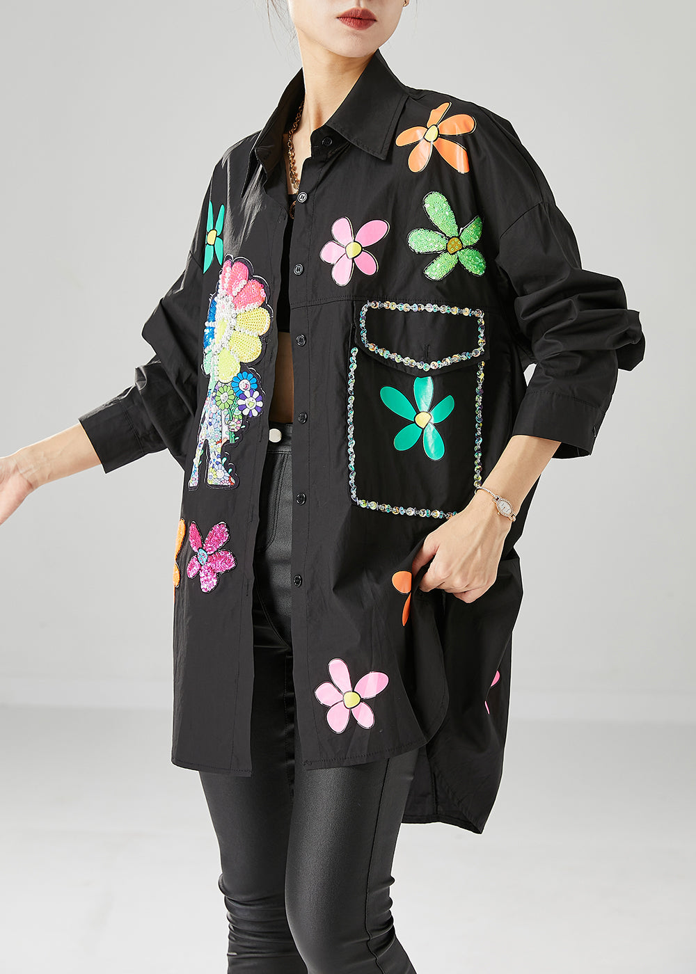 Black Oversized Sunflower Sequins Cotton Blouses Fall