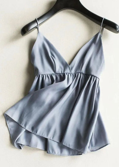 Blue Wrinkled Chiffon Shirt and Spaghetti Strap Two Pieces Set Lantern Sleeve