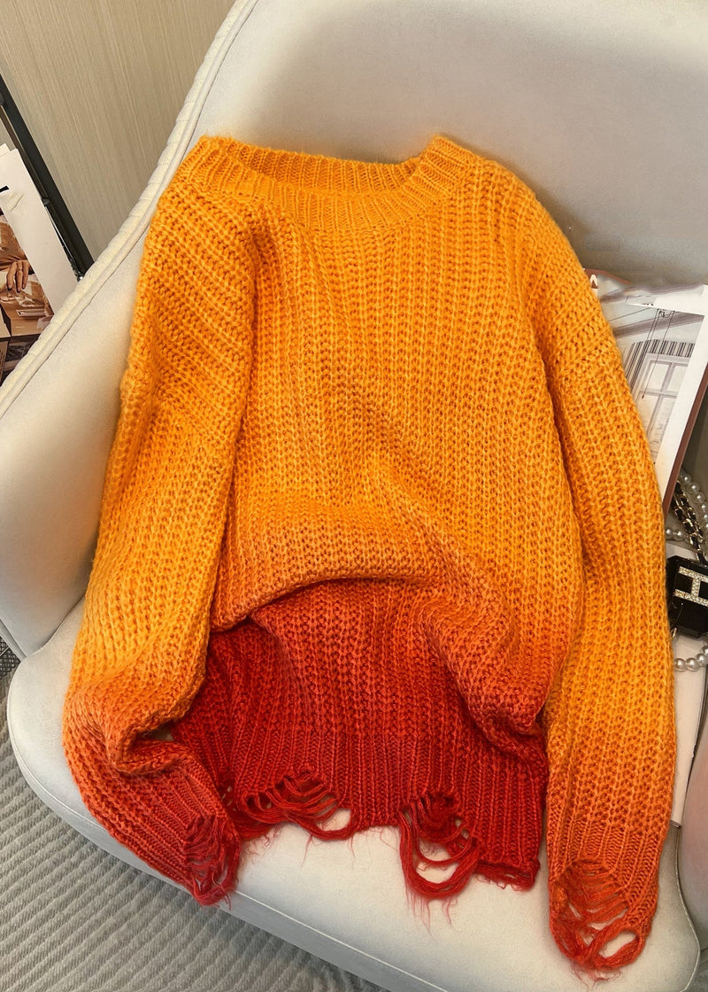 Gradient Color Orange O-neck Cozy Thick Knit Sweaters Fall