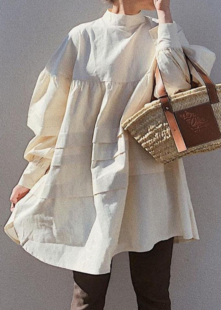 Apricot Wrinkled Patchwork Cotton Tops Long Sleeve Spring