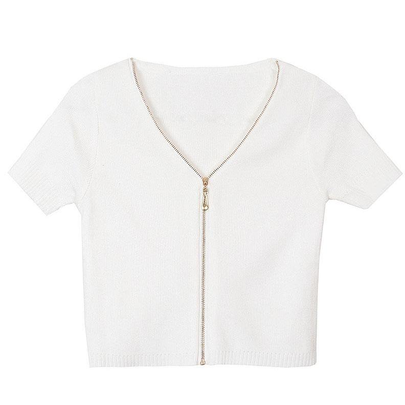 Modern White Zippered V Neck Shirt Tops Summer