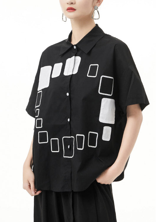 Black Peter Pan Collar Print Shirt Tops Short Sleeve