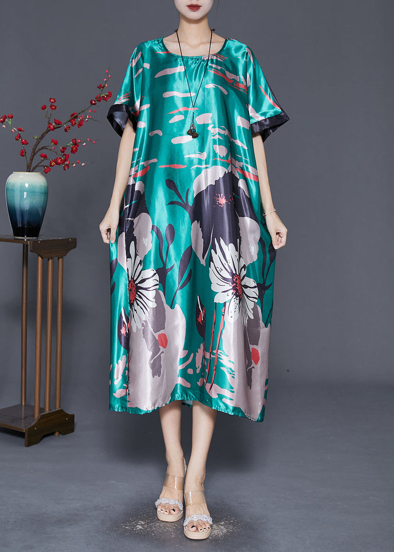 Diy Peacock Green Oversized Print Silk Dress Summer